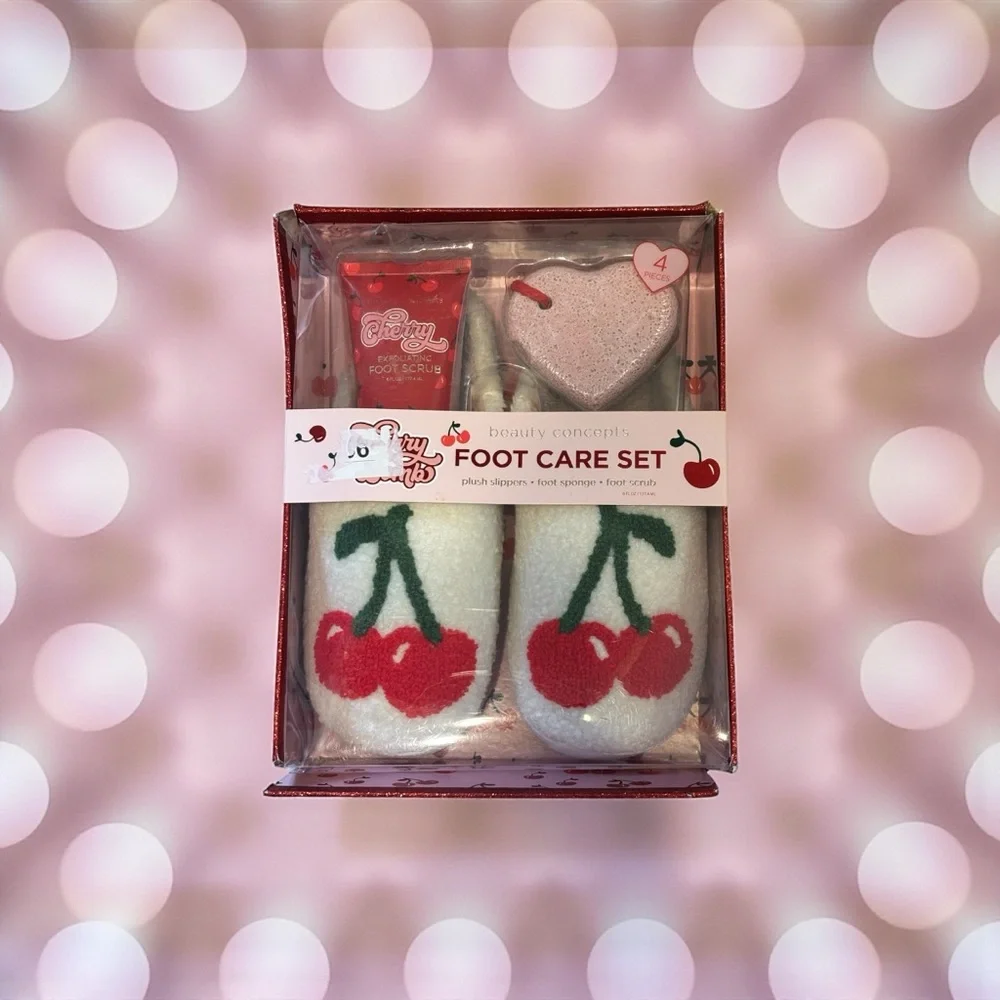 Beauty Concepts Cherry Bomb Foot Care Set - 9-9.5 slippers,sponge & foot scrub